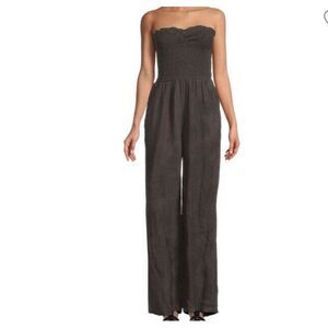 Faherty Mandy Smocked Dark Gray Linen Jumpsuit‎ Sz XL NWT Strapless Pockets READ